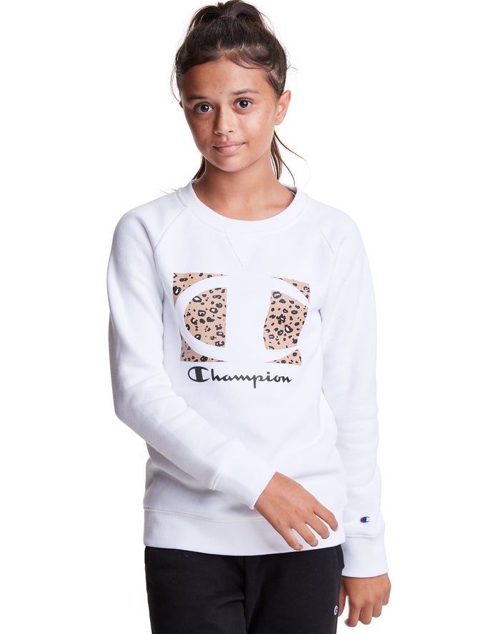 Champion Fleece Raglan Crew Leopard Knockout Logo Kiz Çocuk Kapşonlu Sweatshirt Beyaz ( INGWOR354 )